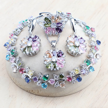 Bridal Jewelry Sets Silver 925 Flower Colorful Zircon Bracelets Earrings Rings Pendant Wedding Necklace Set Jewelry For Women