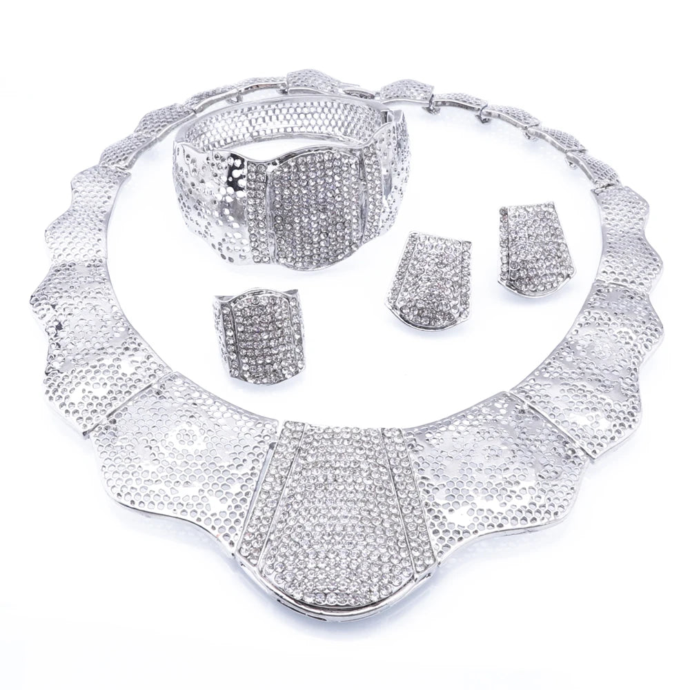 Fashion Silver Plated Wedding Jewelry Sets  Crystal Choker Necklace Earrings Bracelet Ring Set Bridal Jewelry Set For Women