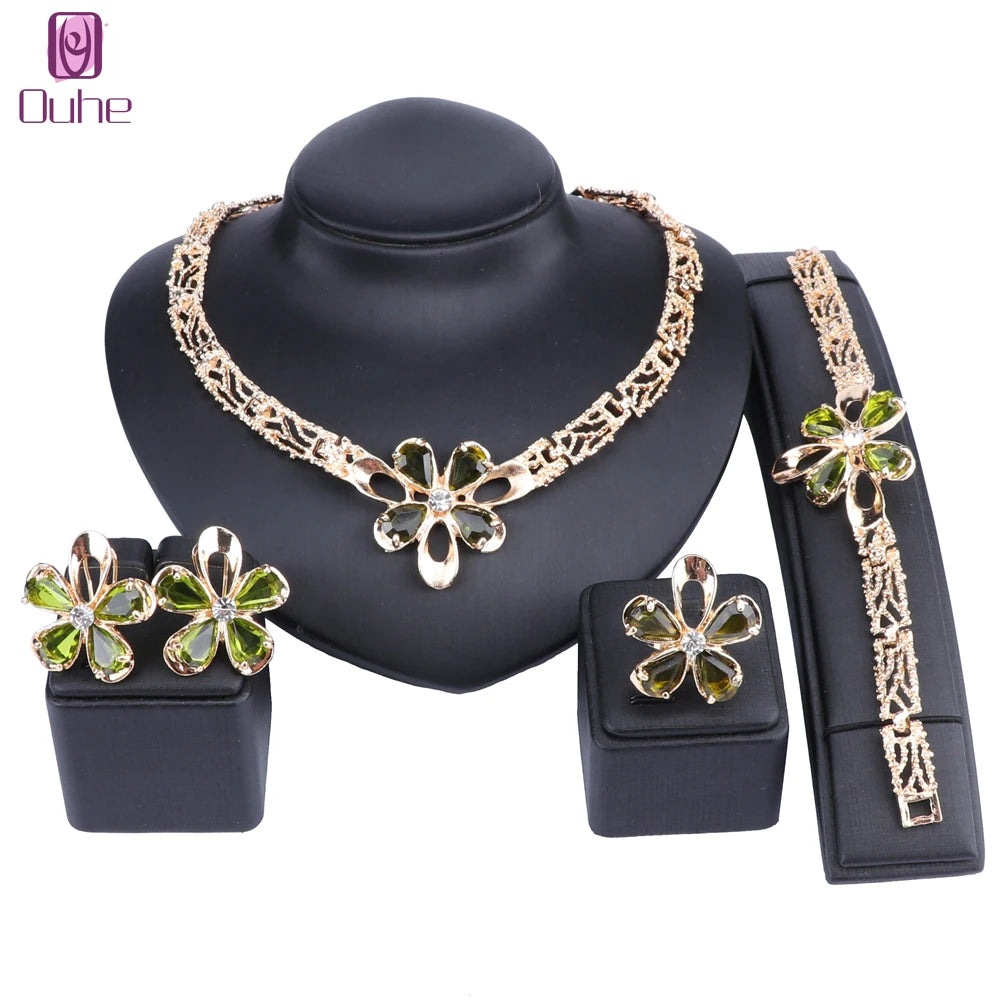 Women's Wedding Bridal Bridesmaid Zircon Crystal Statement Necklace Bracelet Ring Earrings Party Costume Jewelry Set