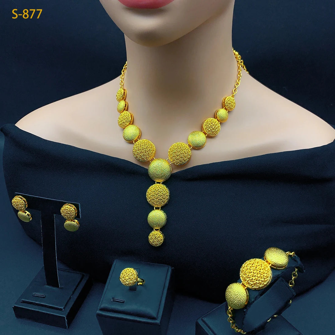 Ethiopian Bridal 24k Gold Plated Jewelry Sets for Women Costume Dubai Round Necklace Earrings Sets Nigerian Wedding Gifts