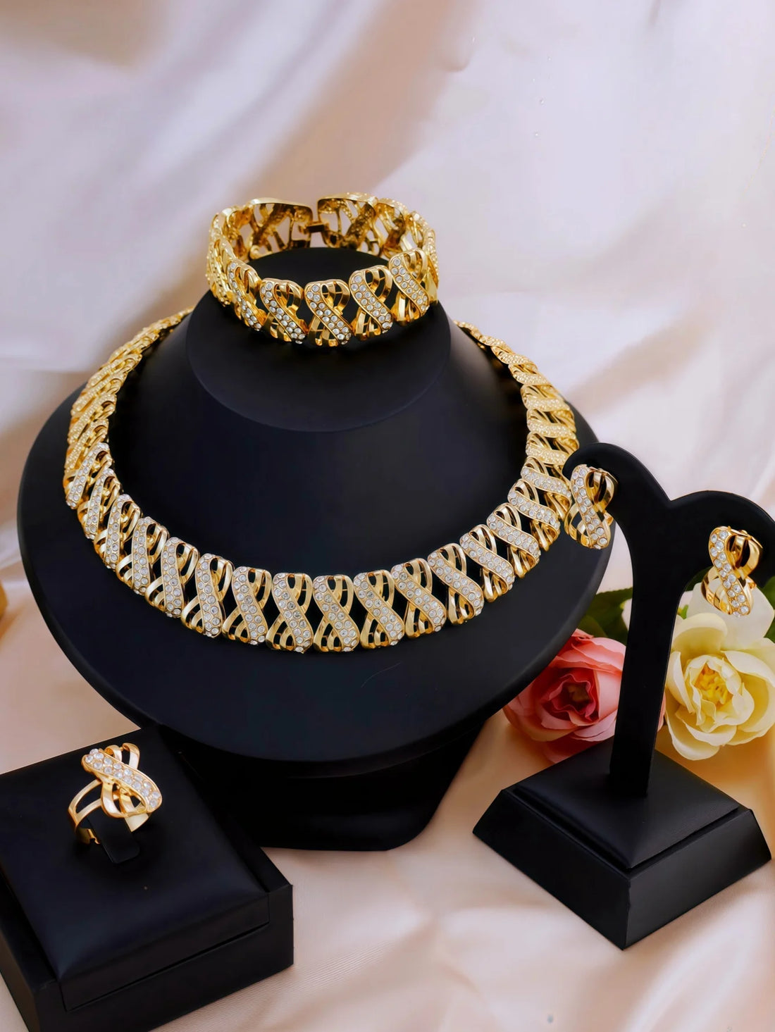 5 Piece Traditional Bridal Jewelry Set 18k Gold Plated Stylish Bow Infinity Design with Rhinestones to match your everyday outfi