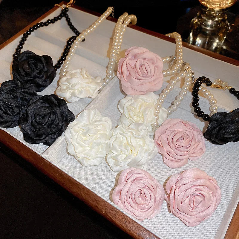 4 Pcs Jewelry Sets for Women Fabric Flowers Necklace Bracelet Earrings French Fashion Retro Style Girl Party Accessories Set