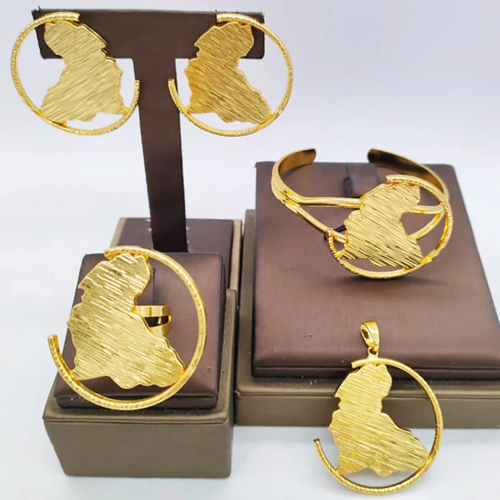 4Sets Jewelry Sets for Women Bridal Luxury African Map Pendant Gold Color Earrings Cuff Bangles Adjustable Ring Wedding Gifts
