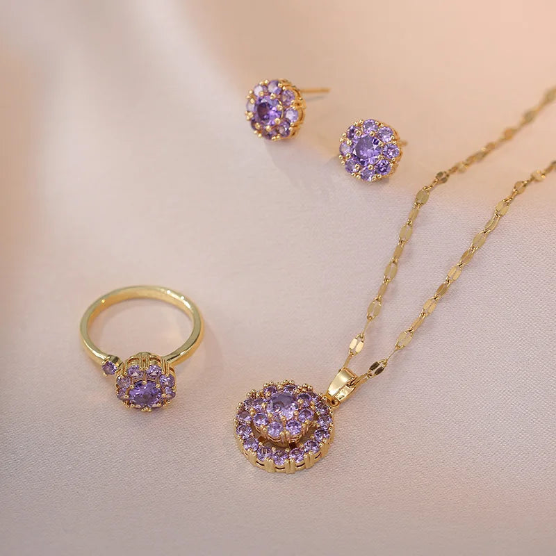 Bridal Jewelry Sets Rotating Purple Zircon Round Stud Earrings Ring Pendant Gold Color Chains Necklaces For Women Engagement Set