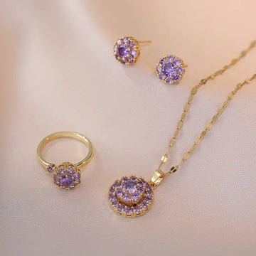 Bridal Jewelry Sets Rotating Purple Zircon Round Stud Earrings Ring Pendant Gold Color Chains Necklaces For Women Engagement Set