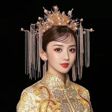 Chinese Wedding Bride Crown Handmade Flower Tassels Wedding Tiara Bridal Queen Princess Crowns Women Costume Hair Accessories ML