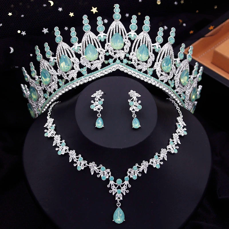Green Bridal Jewelry sets with Tiara jewellry set Bride crown and necklace Earrings sets Princess Girls Wedding Party Prom