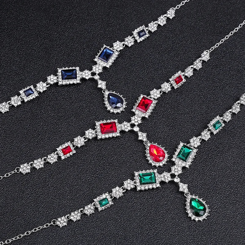 Bridal Jewelry Set Wholesale Silver Plated Red Green Blue Crystal Rhinestone Drop Earrings and Luxury Wedding Necklace for Women