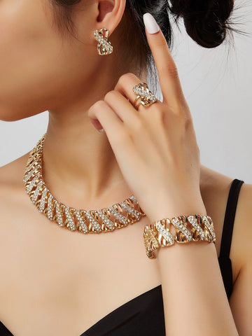 5 Piece Traditional Bridal Jewelry Set 18k Gold Plated Stylish Bow Infinity Design with Rhinestones to match your everyday outfi