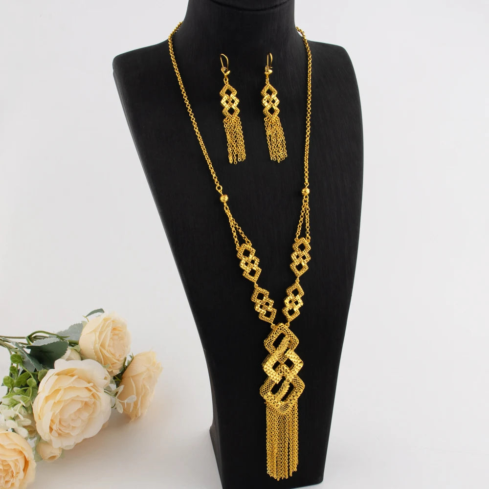 Indian Bridal Jewelry Sets 24K Gold Plated Long Pendant Earrings Set For Women Nigeria African Dubai Wedding Party Gift