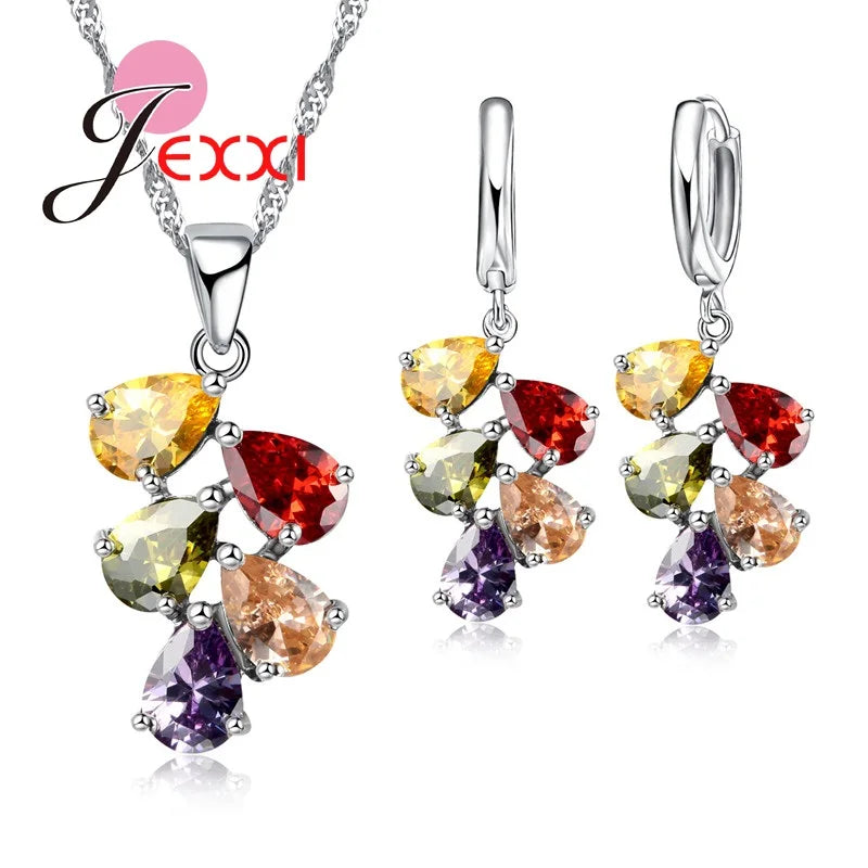 Wedding Bridal Jewelry Sets For Women Multicolored Water Drop Cubic Zircon Necklace Earrings Set Engagement Accessory
