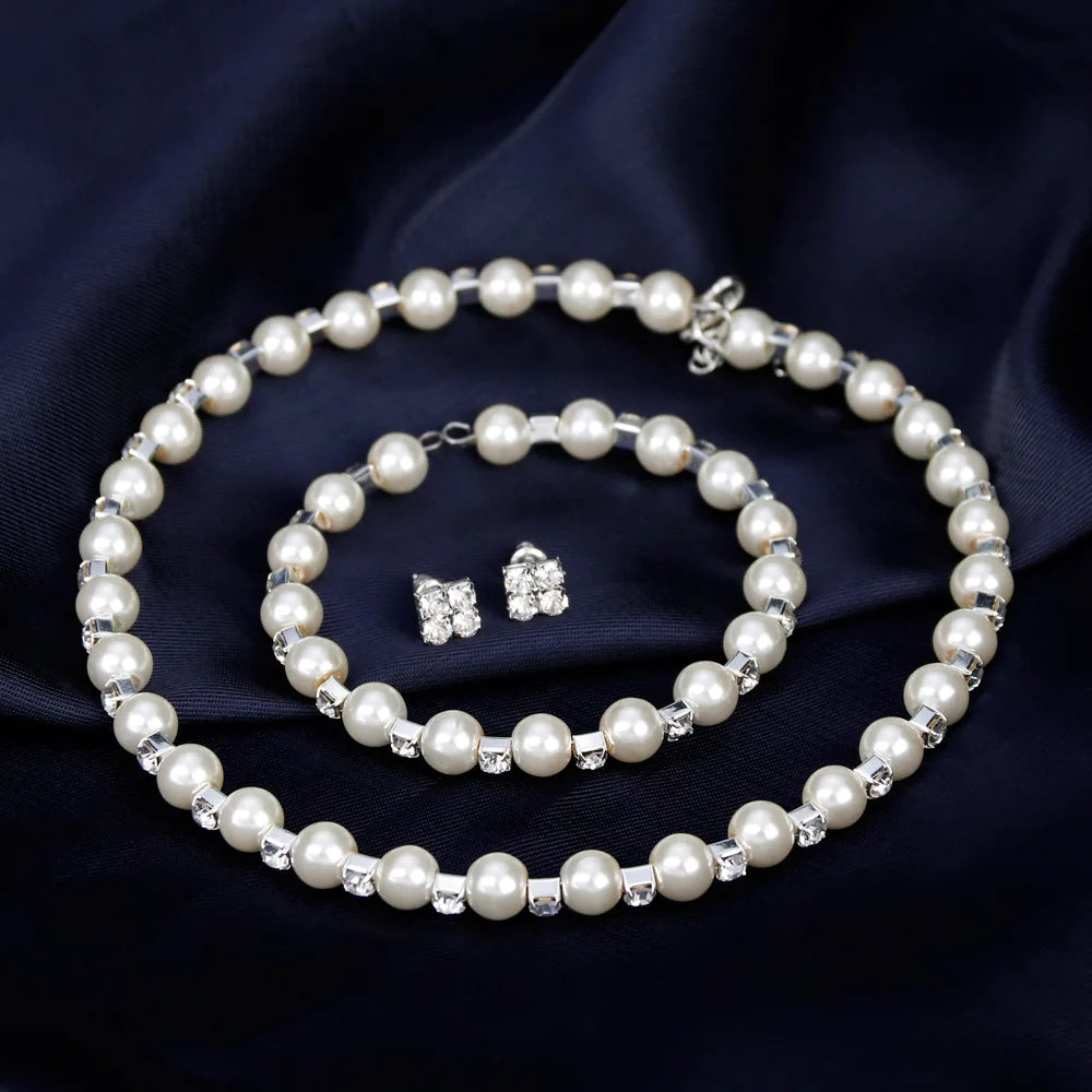 Bridal Wedding Prom Pearl Jewelry Set Women's Fashion Silver Plated Crystal Necklace Earrings Bracelet Jewelry Set Party Gift